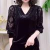 Elegant Black Velvet and Lace Long Sleeve T-Shirt with Sheer Lace Patchwork and Diamond Embellishments