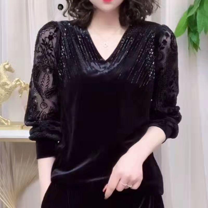Elegant Black Velvet and Lace Long Sleeve T-Shirt with Sheer Lace Patchwork and Diamond Embellishments