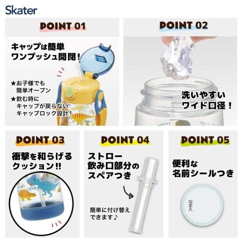 Skater Dinosaur Picture Water Bottle, 480ml Clear Bottle with Straw, for Boys, PDSH5-A