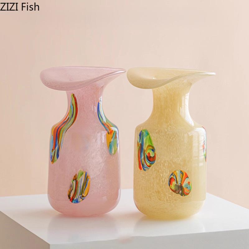 Colorful Painted Glass Vase Creative Ruffle Plant Pots Table Decoration Flowers Arrangement Floral Vases Room Aesthetic Decor