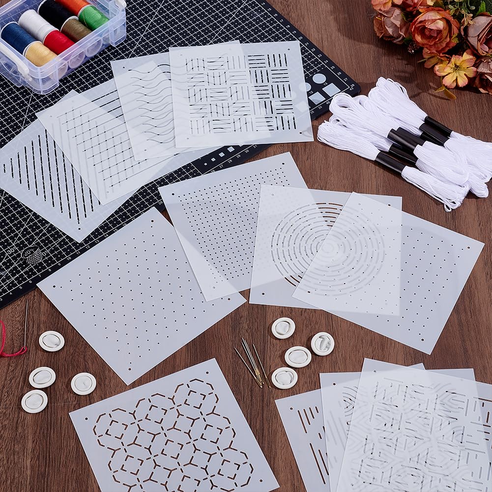 Sashiko Stencil Kit, 38 Pieces, 13×13 cm, Plastic, 12 Designs, for Handcrafts, Quilting, and Patchwork, Includes Finger Protectors and Thread