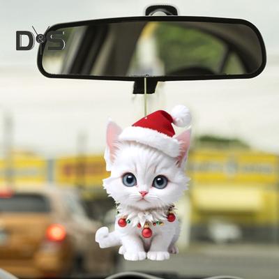 Cat Kitten Pendant with Hat Car Rearview Mirror Hanging Ornament Decor Acrylic Cartoon Car Interior Decoration Christmas Gift
