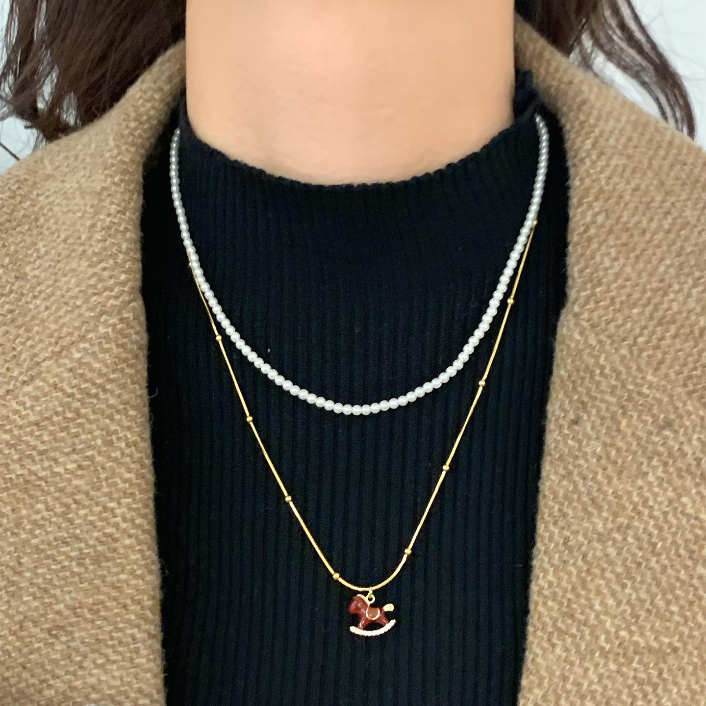 

INS Fashion Gold Plated Double Layered Herringbone Chokers For Women Red Enamel Simulated Pearl Pendant Necklaces Jewelry