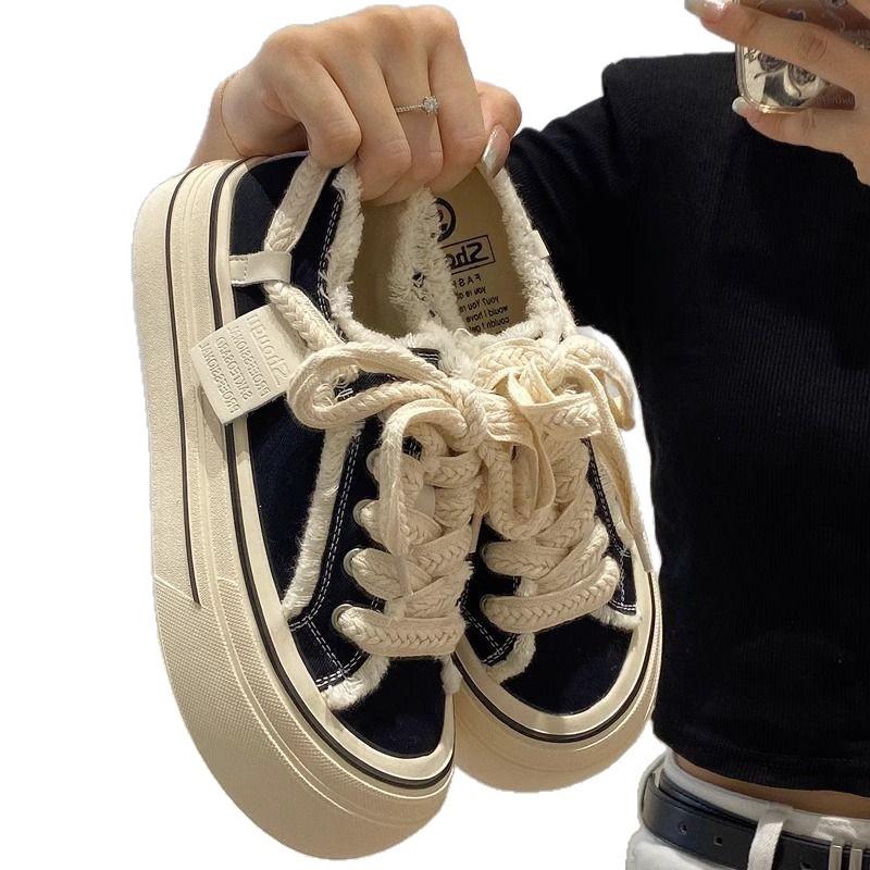 Casual sports women's black low-top ugly cute big head round head mango head board shoes platform rough edge canvas shoes