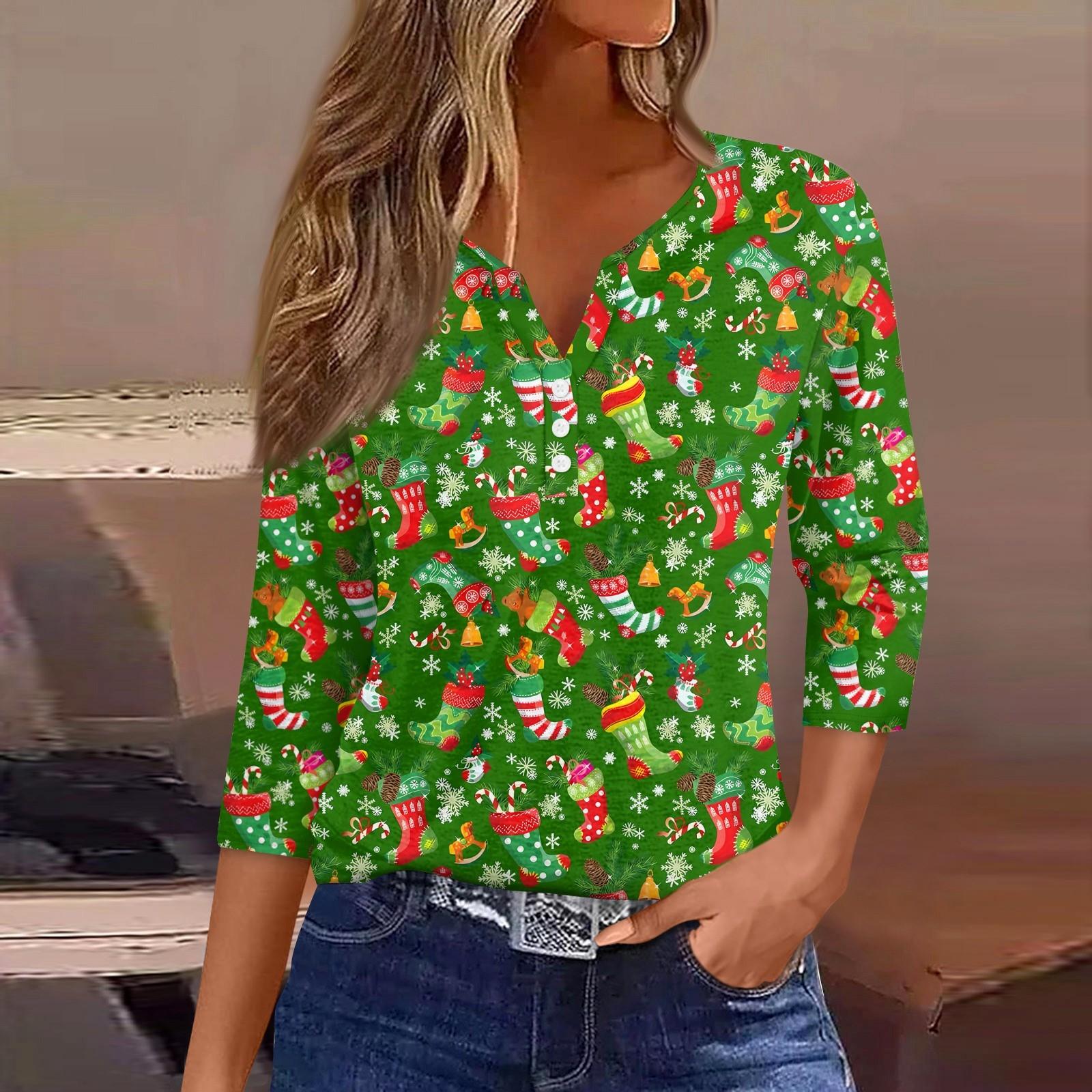 

Женская модная повседневная футболка с пуговицами, V-образным вырезом, семью рукавами и рождественским принтом XL зелёный