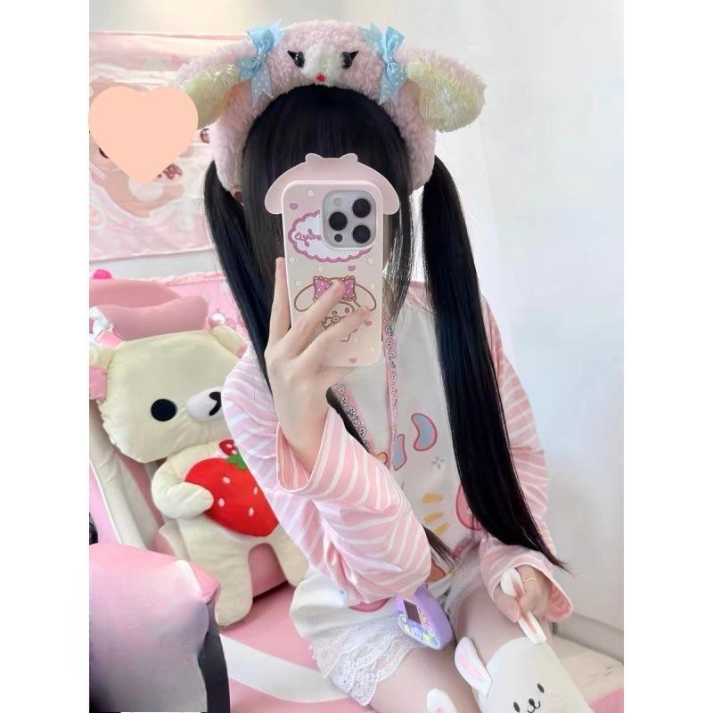 Kawaii Kreslené Tričko Hip Hop Růžové Tričko Přítel Korea Tričko Dlouhý Rukáv Volné Pruhované Tričko Streetwear Podzimní Topy Dívka