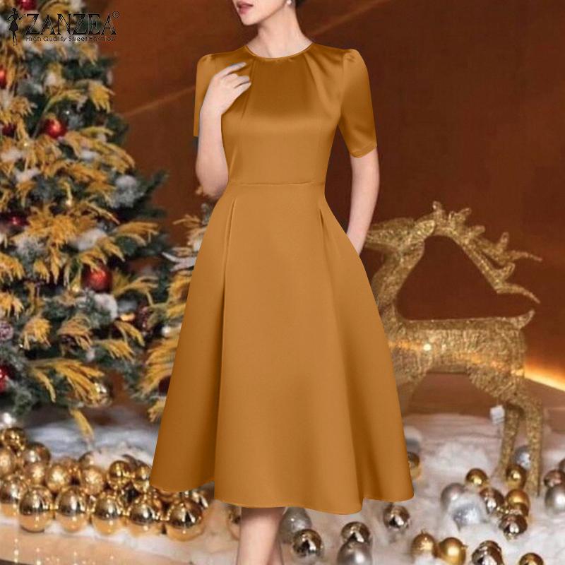 ZANZEA Rochie de vară cu mânecă scurtă și guler rotund, casual, cu model A-line