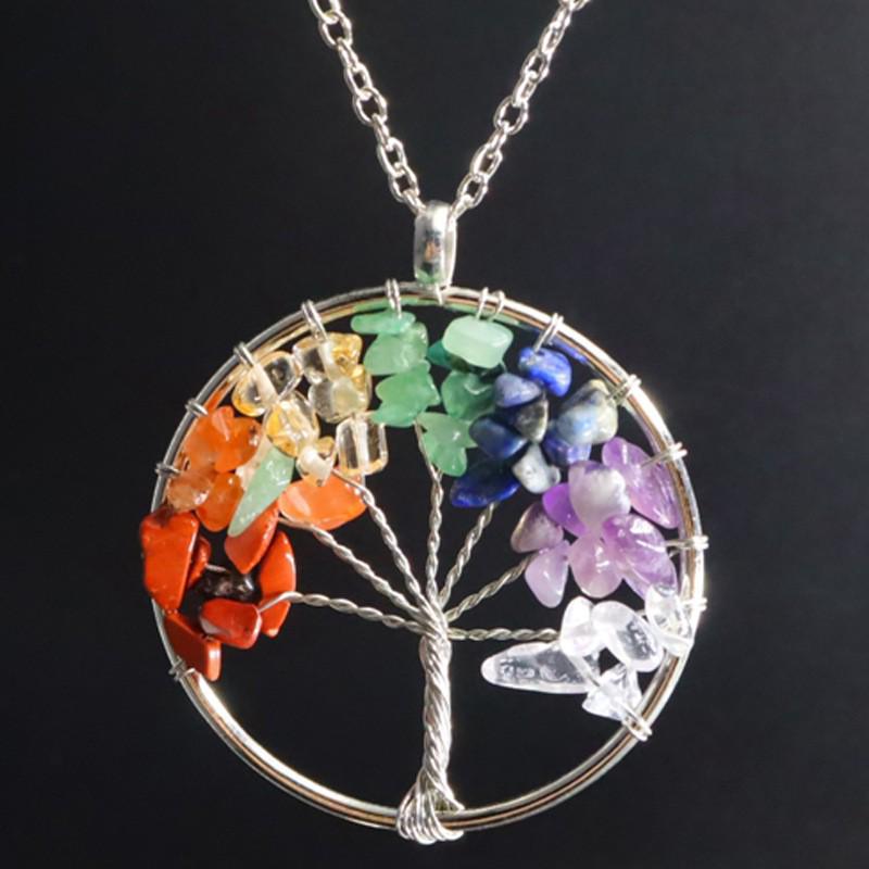 7-Color Natural Stone Money Tree Pendant Necklace - Handmade Wire-Wrapped Crystal Gravel Life Tree Ornament (N02)