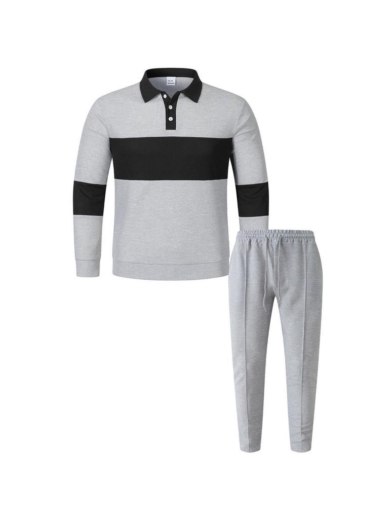 2025 Men's Autumn Waffle Sweatshirt & Pants Set - Casual Long Sleeve Lapel Design