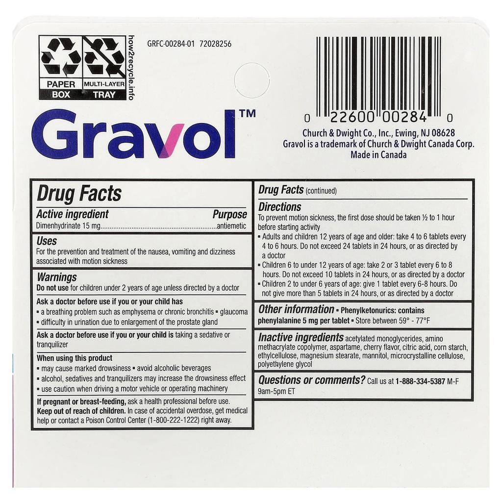 Gravol, Choroba lokomocyjna dla dzieci, Wiśnia, 15 mg, 18 Tabletek