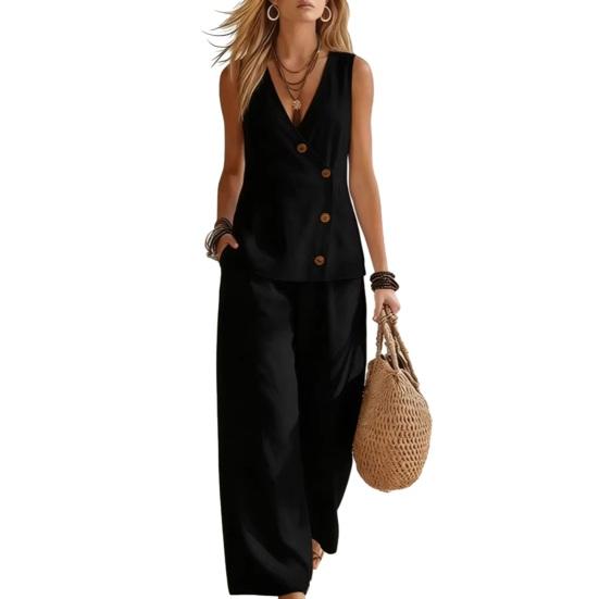 

Women s Summer Sleeveless 2 Piece Outfits Button Down Tank Top And Wide Leg Pants Casual Loungewear Matching Sets L чорний