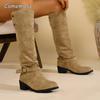 Fashion Women's Solid Color Trendy Knight Boots Buckle Decor Chunky Heel Mid Calf Botas Mujer 2025 Autumn Winter Slip on Fashion Boots