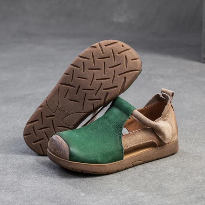Johnature Genuine Leather Mixed Colors Sandals Round Toe Hollow Retro Style Women's Shoes