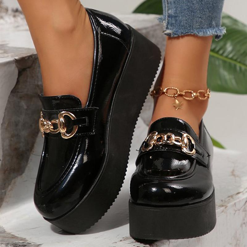 Mote Elegante Chunky Hæl Loafers Sko Kvinner Metall Detor Svarte Kilesko Kvinne Vår Høst PU Lær Loafers Sko Damer