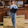 Women's Sweet Ruffle Patchwork Off-Shoulder Sweatshirt