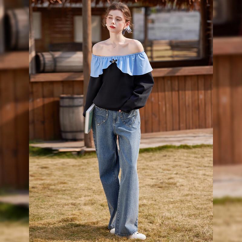Women's Sweet Ruffle Patchwork Off-Shoulder Sweatshirt