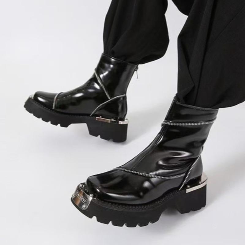 Ankle Platform Women Snow Boots Luxury Square Toe Mid Heels Leather Plush Shoes Winter 2025 Trend Designer New Goth Botas Mujer