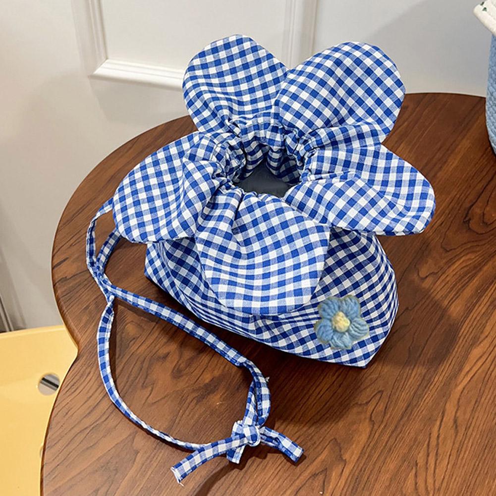 Casual Plaid Drawstring Floral Handbag Large Capacity Portable Cute Flower Handbag Shopping Vacation Travel