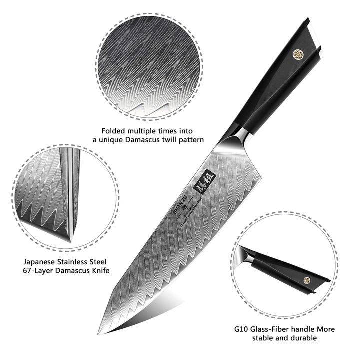 Couteau de cuisine - shan zu - szpcs-2018-001 - acier damas 67 couches - manche g10 - 22 cm