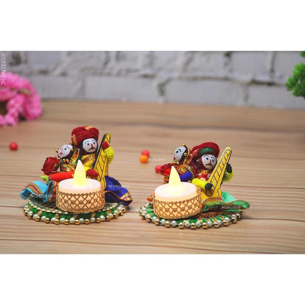 Recycled Material Rajasthani Raja Rani Puppet/Dolls Decorative Tealight Candle Holder (Pack of 2)