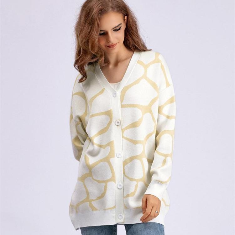 Autumn Winter Women Jacquard Sweater Loose Knit Coat V Neck Long Patterned