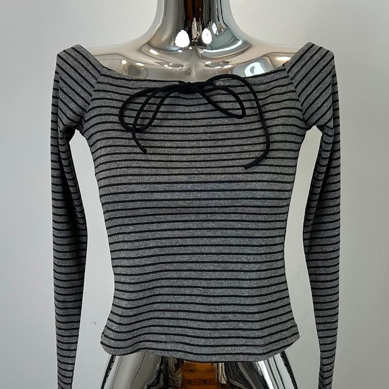 

Корейский шик Полосатая футболка с открытыми плечами, с лентой-бантом и длинными рукавами One Size