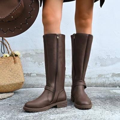 Large Size Round Head Square Heel Side Zipper Fashion Boots Autumn and Winter Long Tube But Knee Wear Women's Boots Emu