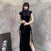 Velvet Black Retro Cheongsam with Slit - Long Chinese Style Dress