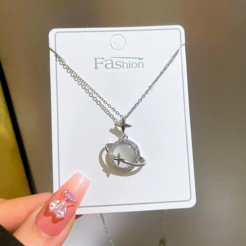 Ins Style Star Planet Moon White Chalcedony Pendant Necklace 925 Silver Chain Light Jewelry for Women