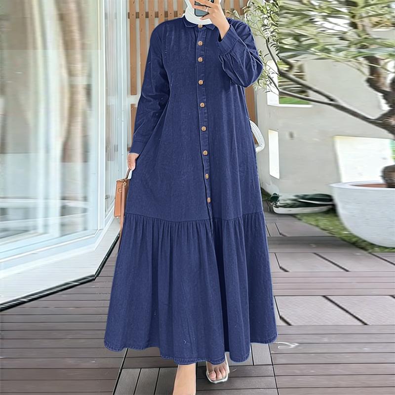 ZANZEA Women Casual Turn Down Collar Loose Long Sleeve Retro Long Dress
