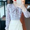 Fashion New 2024 Autumn Casual Long Sleeve Bow Collar Ruffles Print Chiffon Blouse Shirt Women Tops Blouses Shirts J510