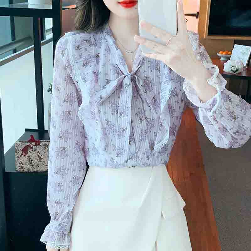 Fashion New 2024 Autumn Casual Long Sleeve Bow Collar Ruffles Print Chiffon Blouse Shirt Women Tops Blouses Shirts J510