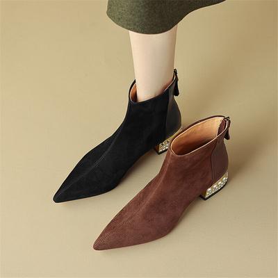 Mode Neue Herbst Winter Schafveloursleder Damenstiefel Mode Strass Klobige Absätze Spitze Zehenpartie Ritterstiefel für Damen Kurze Stiefel Damen