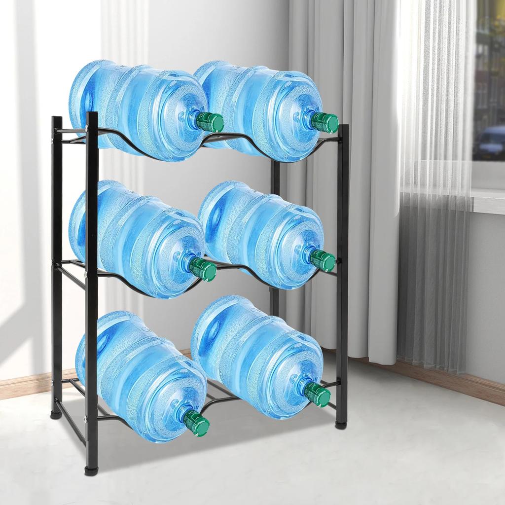 3-Tier Black Water Bottle Rack – 5 Gallon Water Jug Holder – Sturdy Steel Floor Standing Organizer W/ 6 Slots for Home & Office
