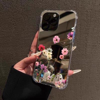 Coque de téléphone Mignonne Fleur Miroir Pour iPhone 16 17 Pro Max 15 14 13 12 11 Pro XS X XR 7 8 Plus Miroir de Maquillage Housse Souple Anti-chocs