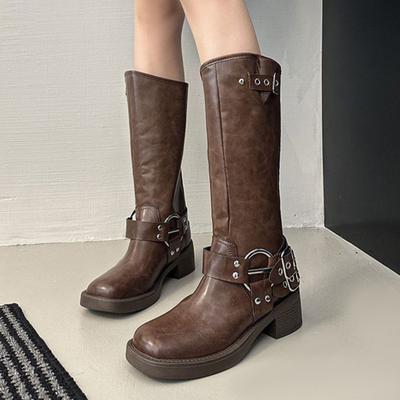 Internet Celebrity Retro Western Cowboy Boots Women's 2025 New Knee-length Knight Boots Thick Heel Belt Buckle Martin Boots