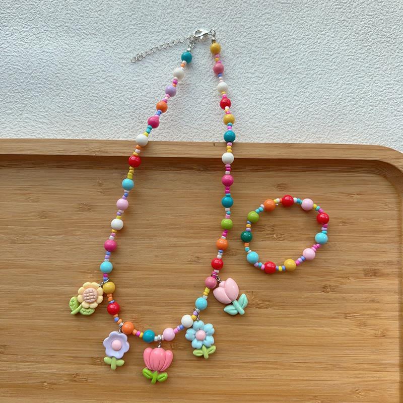 Koreanisches Niedliches Kinder-Blumen-Halsketten- & Armband-Set für Herbst/Winter