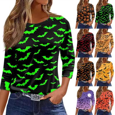 Camiseta Feminina Estampa Halloween Manga 3/4 Moda Diária Básica Gola Redonda Regular
