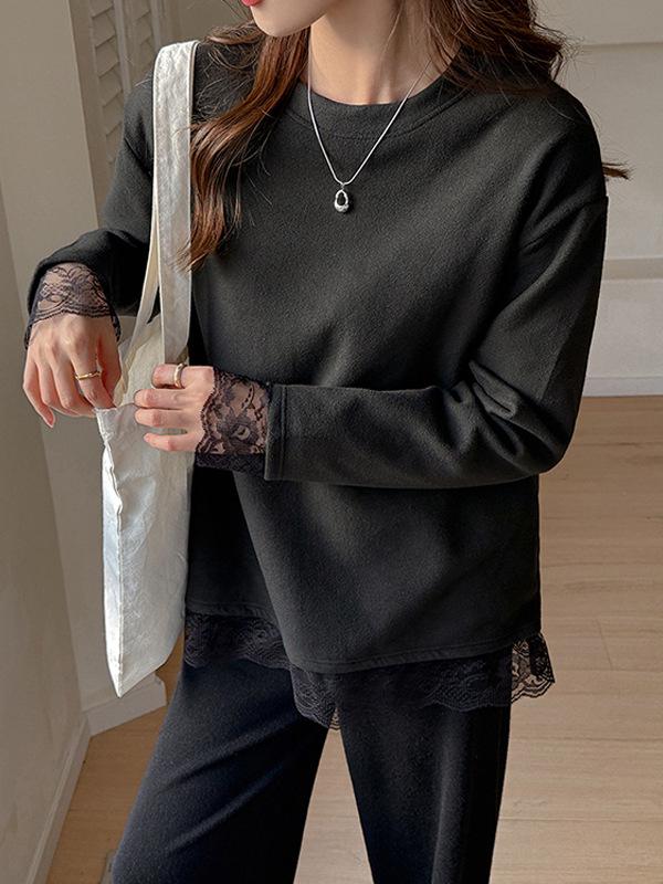 Weißes Damen-Langarmshirt mit Rundhalsausschnitt und Spitzenfutter – Herbst/Winter, figurbetont, mittellang, tragbarer Überwurf