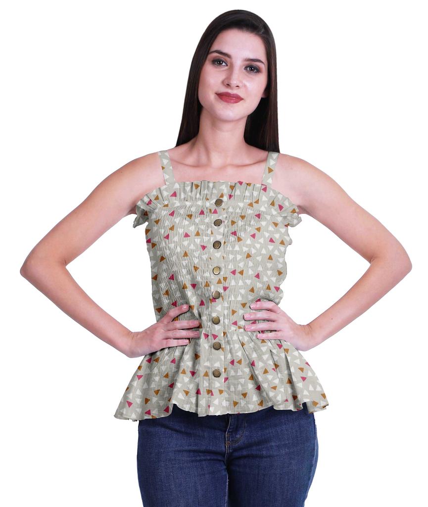 Moomaya Casual Shoulder Strap Flared Hem Cotton Slub Printed Women Summer