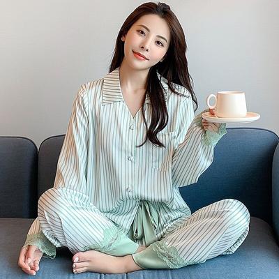 Gestreiftes Damen-Pyjama-Set mit Spitze, süßer langärmeliger Anzug-Pyjama