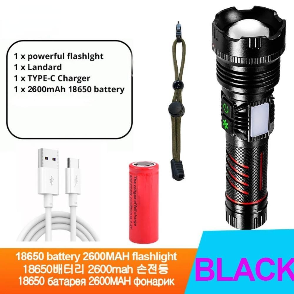 Portable Powerful LED Flashlight COB Side Lamp Long-range Aluminum Alloy Torch Type-C Rechargeable For Outdoor Hiking Fishing