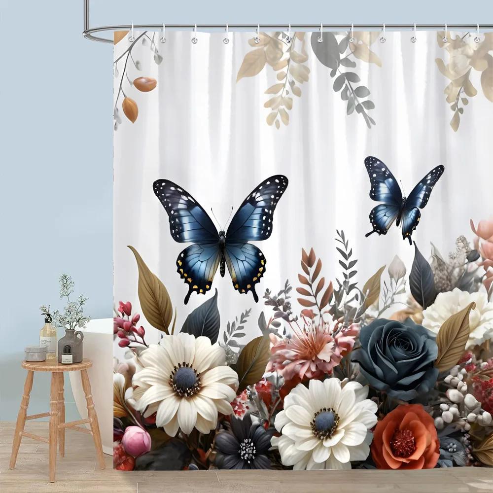 Hübscher Blumiger Duschvorhang Blühende Blume Schmetterling Lotus Polyesterstoff Heim-Duschvorhänge Badezimmer Dekoration Mit Haken