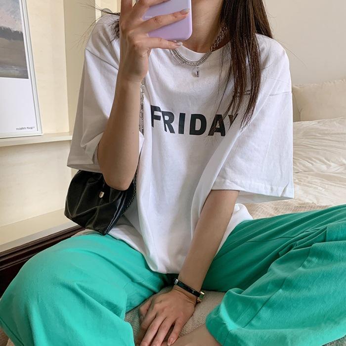 

Pure cotton, summer new retro loose casual tide brand letter printing medium and long short-sleeved t-shirt women s tide M белый