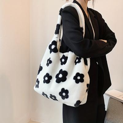 Chic Floral Faux Fur Tote Bag - Soft Plush Shoulder Handbag for Women, Perfect for Daily Shopping & Work - Available In White