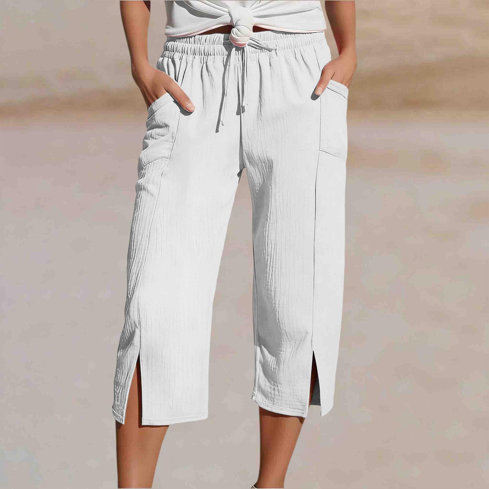 

Women s Fashion Color Drawstring Split Leg With Pockets Loose Casual Seven-Eighths 7/10 Pants S белый