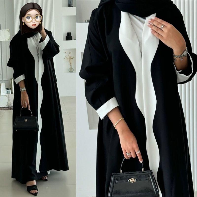 New Middle East Arabic Dubai Black White Fashion Cardigan Robe Dress Color Blocked Robe