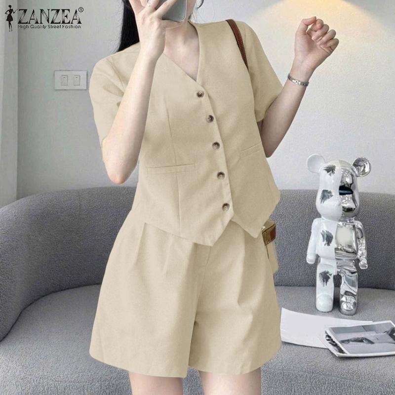 ZANZEA Women Short Sleeve Blouse and Shorts Summer Two Piece Suit Sets