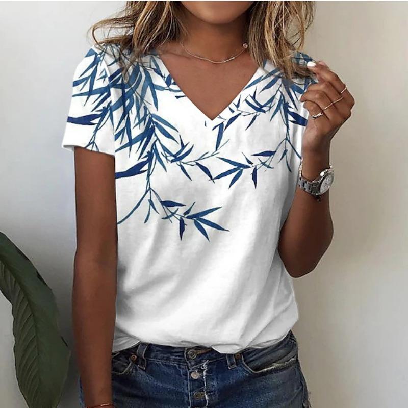 Women V Neck Floral Print Lace Patchwork Short Sleeve Casual T Shirt