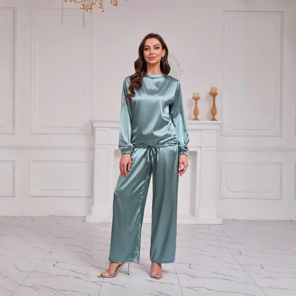 Damen einfarbig langärmlig Rundhals Satin locker Oberteil 2-teiliges Set